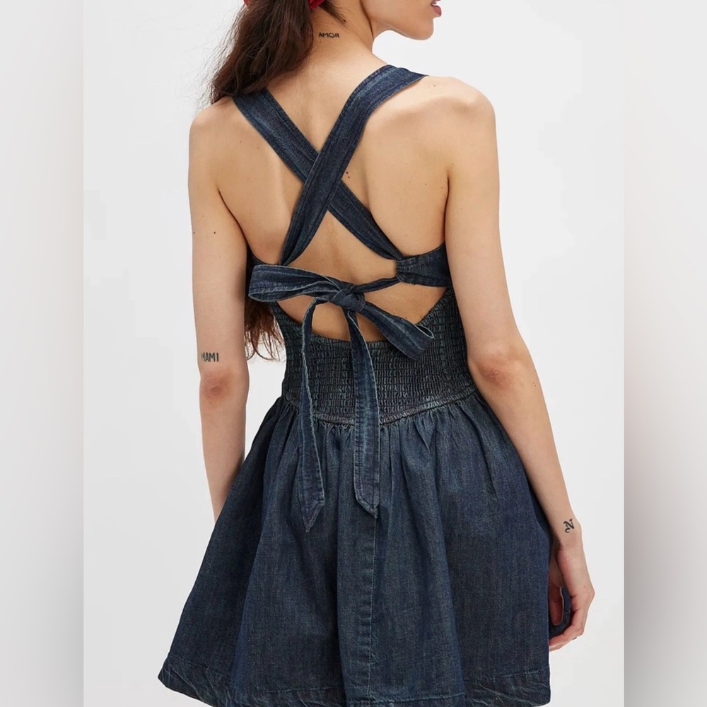 Free People Laurel Denim Mini Dress in Antique Dark Wash - Picture 14 of 14